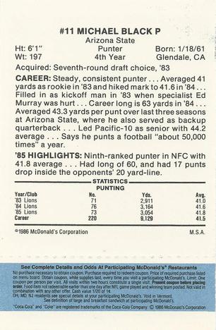 1986 McDonald's Detroit Lions - Full Game Pieces - Week 1 Blue Tab #NNO Mike Black Back