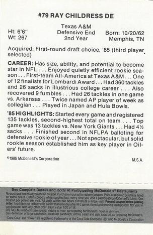 1986 McDonald's Houston Oilers - Full Game Pieces - Week 2 Black/Gray Tab #NNO Ray Childress Back