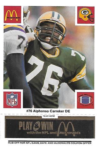 1986 McDonald's Green Bay Packers - Full Game Pieces - Week 2 Black/Gray Tab #NNO Alphonso Carreker Front