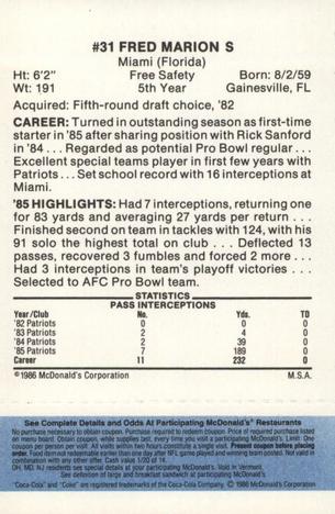 1986 McDonald's New England Patriots - Full Game Pieces - Week 1 Blue Tab #NNO Fred Marion Back