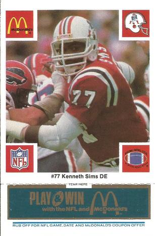 1986 McDonald's New England Patriots - Full Game Pieces - Week 1 Blue Tab #NNO Kenneth Sims Front