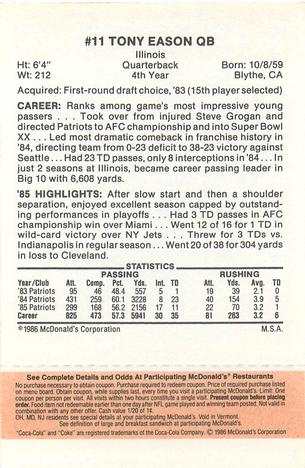 1986 McDonald's New England Patriots - Full Game Pieces - Week 3 Gold/Orange Tab #NNO Tony Eason Back