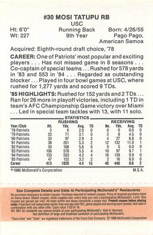 1986 McDonald's New England Patriots - Full Game Pieces - Week 3 Gold/Orange Tab #NNO Mosi Tatupu Back