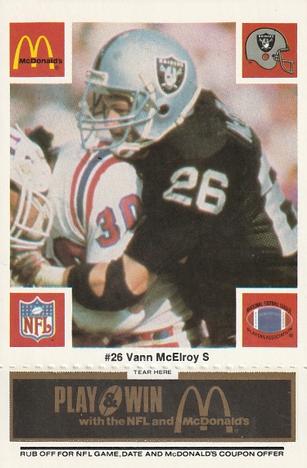 1986 McDonald's Los Angeles Raiders - Full Game Pieces Black/Gray Tab #NNO Vann McElroy Front