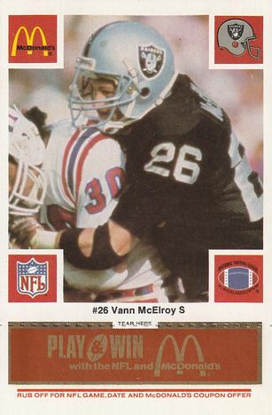 1986 McDonald's Los Angeles Raiders - Full Game Pieces Gold/Orange Tab #NNO Vann McElroy Front