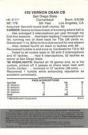1986 McDonald's Washington Redskins - Full Game Pieces - Week 2 Black/Gray Tab #NNO Vernon Dean Back