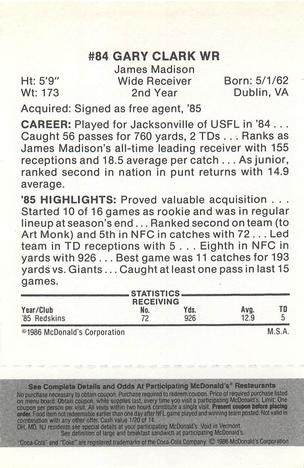 1986 McDonald's Washington Redskins - Full Game Pieces - Week 2 Black/Gray Tab #NNO Gary Clark Back