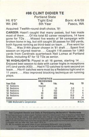 1986 McDonald's Washington Redskins - Full Game Pieces - Week 2 Black/Gray Tab #NNO Clint Didier Back