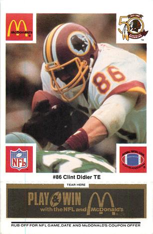 1986 McDonald's Washington Redskins - Full Game Pieces - Week 2 Black/Gray Tab #NNO Clint Didier Front