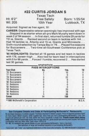 1986 McDonald's Washington Redskins - Full Game Pieces - Week 1 Blue Tab #NNO Curtis Jordan Back