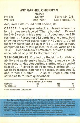 1986 McDonald's Washington Redskins - Full Game Pieces - Week 1 Blue Tab #NNO Raphel Cherry Back