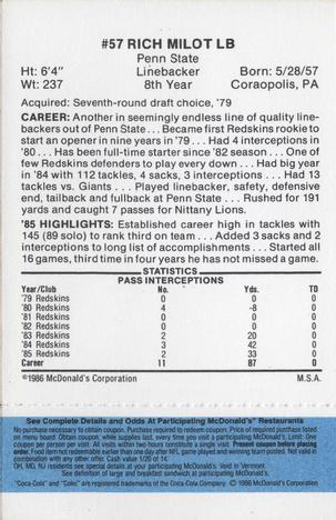 1986 McDonald's Washington Redskins - Full Game Pieces - Week 1 Blue Tab #NNO Rich Milot Back