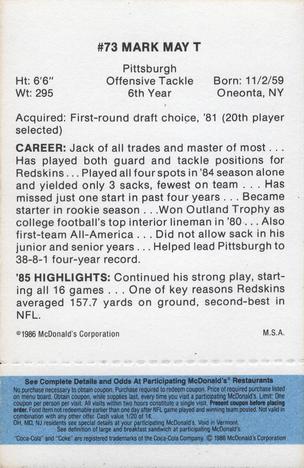 1986 McDonald's Washington Redskins - Full Game Pieces - Week 1 Blue Tab #NNO Mark May Back