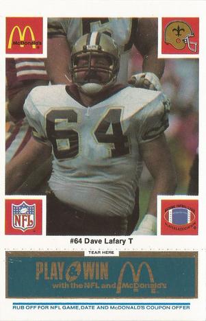 1986 McDonald's New Orleans Saints - Full Game Pieces - Week 1 Blue Tab #NNO Dave Lafary Front