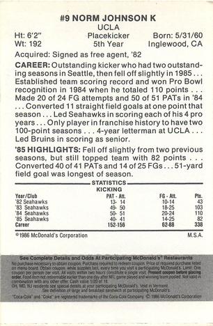 1986 McDonald's Seattle Seahawks - Full Game Pieces - Week 2 Black/Gray Tab #NNO Norm Johnson Back