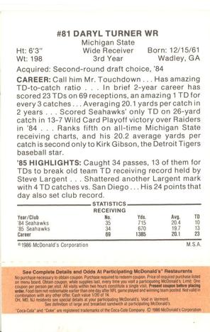 1986 McDonald's Seattle Seahawks - Full Game Pieces - Week 3 Gold/Orange Tab #NNO Daryl Turner Back