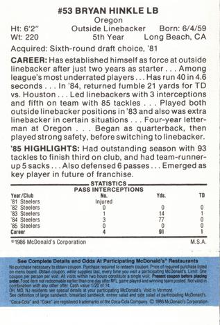 1986 McDonald's Pittsburgh Steelers - Full Game Pieces - Week 1 Blue Tab #NNO Bryan Hinkle Back