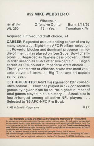 1986 McDonald's Pittsburgh Steelers - Full Game Pieces - Week 3 Gold/Orange Tab #NNO Mike Webster Back