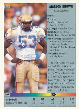 1992 Ultimate WLAF #60 Marlon Brown Back