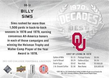 2011 Upper Deck College Football Legends - Decades Best #DB-SI Billy Sims Back