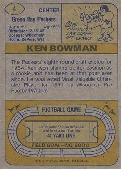 1974 Topps Parker Brothers Pro Draft #4 Ken Bowman Back