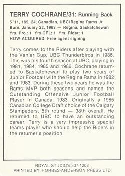1987 Saskatchewan Roughriders #NNO Terry Cochrane Back