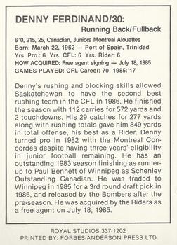 1987 Saskatchewan Roughriders #NNO Denny Ferdinand Back