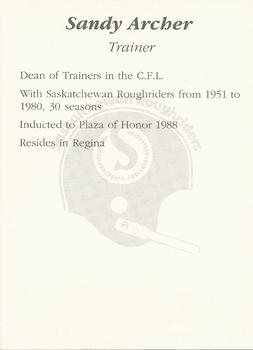 1991 Saskatchewan Roughriders 25th Anniversary Grey Cup 1966-1991 #NNO Sandy Archer Back