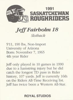 1991 Saskatchewan Roughriders #NNO Jeff Fairholm  Back