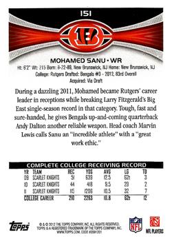 2012 Topps #151 Mohamed Sanu Back
