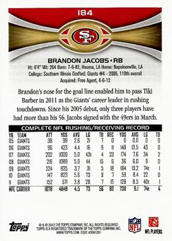 2012 Topps #184 Brandon Jacobs Back