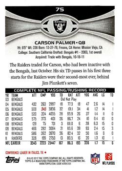 2012 Topps #75 Carson Palmer Back