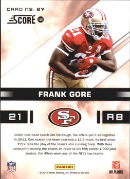 2012 Score - In the Zone #27 Frank Gore Back