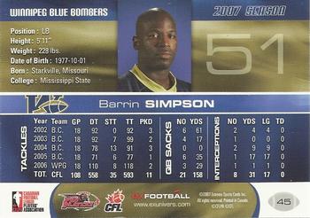2007 Extreme Sports CFL #45 Barrin Simpson Back