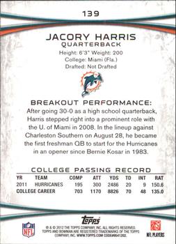 2012 Bowman - Green #139 Jacory Harris Back