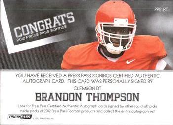 2012 Press Pass - Autographs Bronze #PPS-BT Brandon Thompson Back