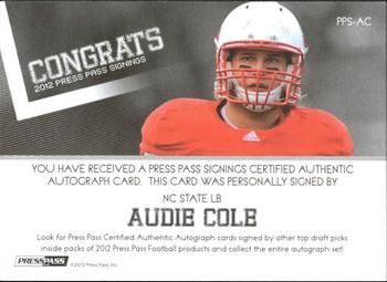 2012 Press Pass - Autographs Silver #PPS-AC Audie Cole Back