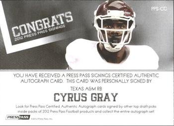 2012 Press Pass - Autographs Silver #PPS-CG Cyrus Gray Back