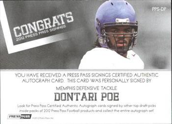 2012 Press Pass - Autographs Silver #PPS-DP2 Dontari Poe Back
