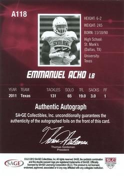 2012 SAGE HIT - Autographs Silver #A118 Emmanuel Acho Back