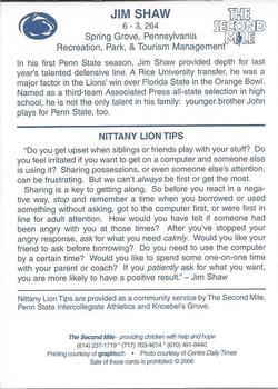 2006 The Second Mile Penn State Nittany Lions Tips: Fall Edition #NNO Jim Shaw Back
