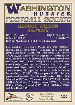 1992 Pacific Greats Washington Huskies #33 George Wilson Back