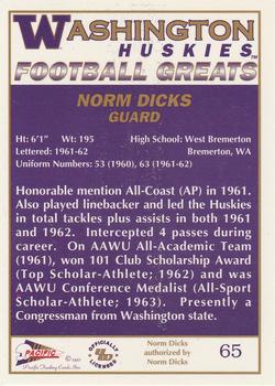 1992 Pacific Greats Washington Huskies #65 Norm Dicks Back