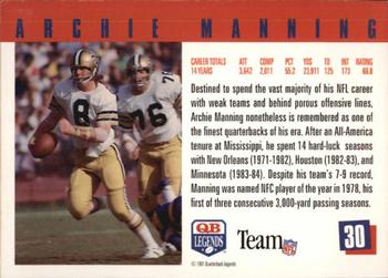 1991 Quarterback Legends #30 Archie Manning Back