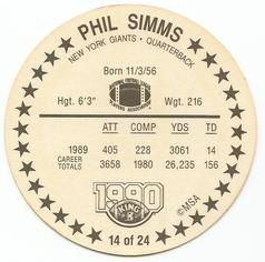 1990 King B Discs #14 Phil Simms Back