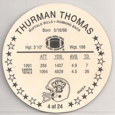 1992 King B Discs #4 Thurman Thomas Back