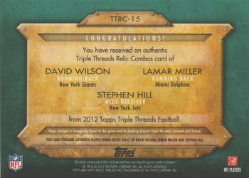 2012 Topps Triple Threads - Relic Combos Emerald #TTRC-15 David Wilson / Lamar Miller / Stephen Hill Back