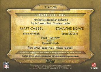 2012 Topps Triple Threads - Relic Combos Gold #TTRC-38 Matt Cassel / Dwayne Bowe / Eric Berry Back