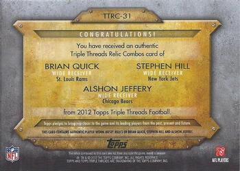 2012 Topps Triple Threads - Relic Combos Platinum #TTRC-31 Brian Quick / Stephen Hill / Alshon Jeffery Back