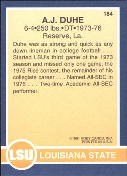 1991 Hoby Stars of the SEC #184 A.J. Duhe Back
